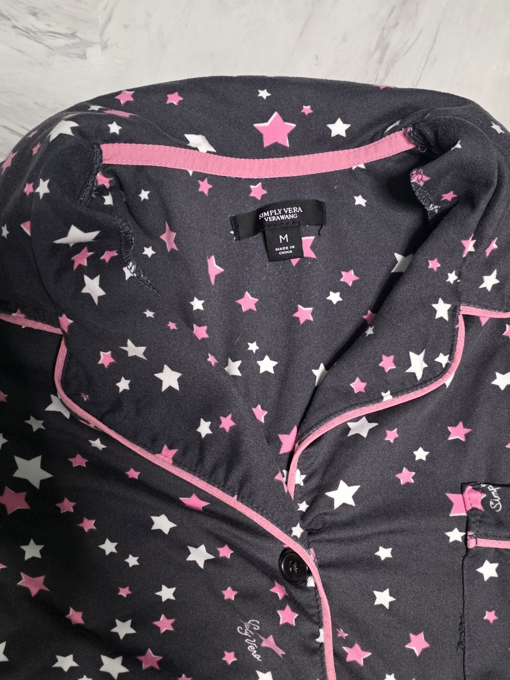 Simply Vera Vera Wang Black Star-Print Pajama Set with Pink Trim - Picture 2 of 4
